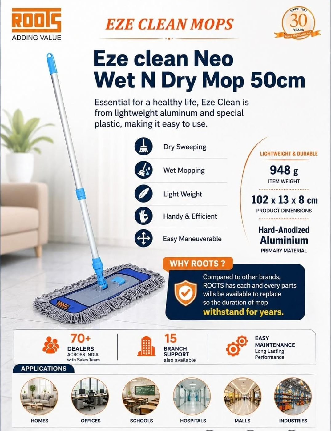 Roots Eze Clean Neo Wet N Dry Mop 50cm