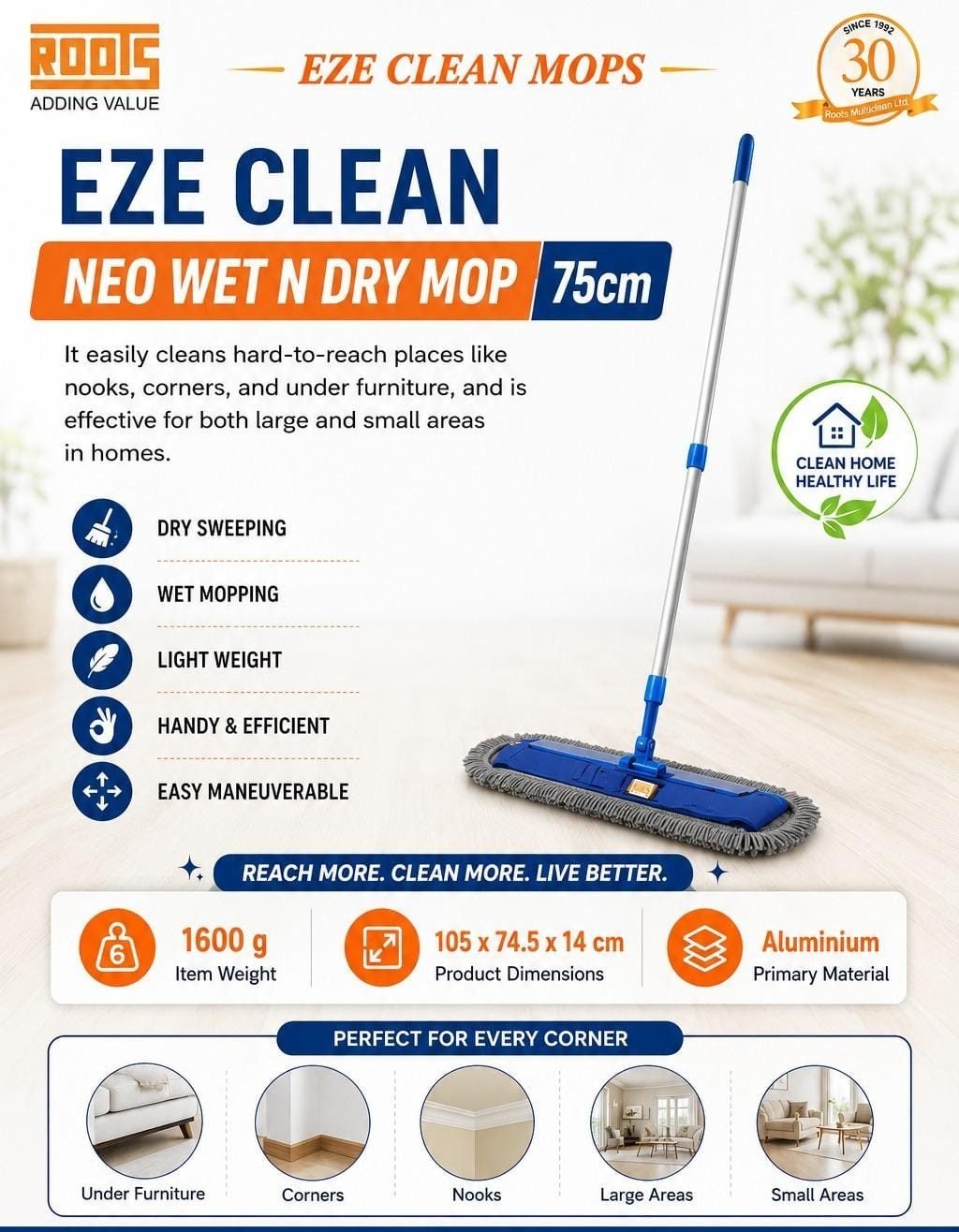 Roots Eze Clean Neo Wet N Dry Mop 75cm