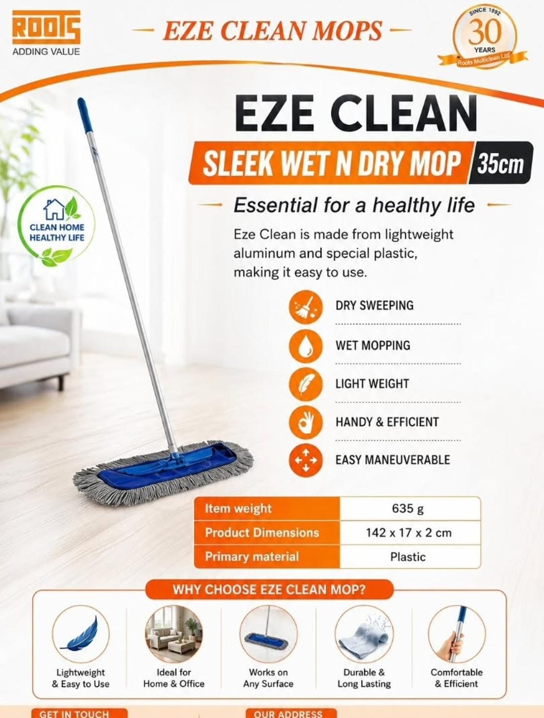 Roots Eze Clean Sleek Wet N Dry Mop 35cm